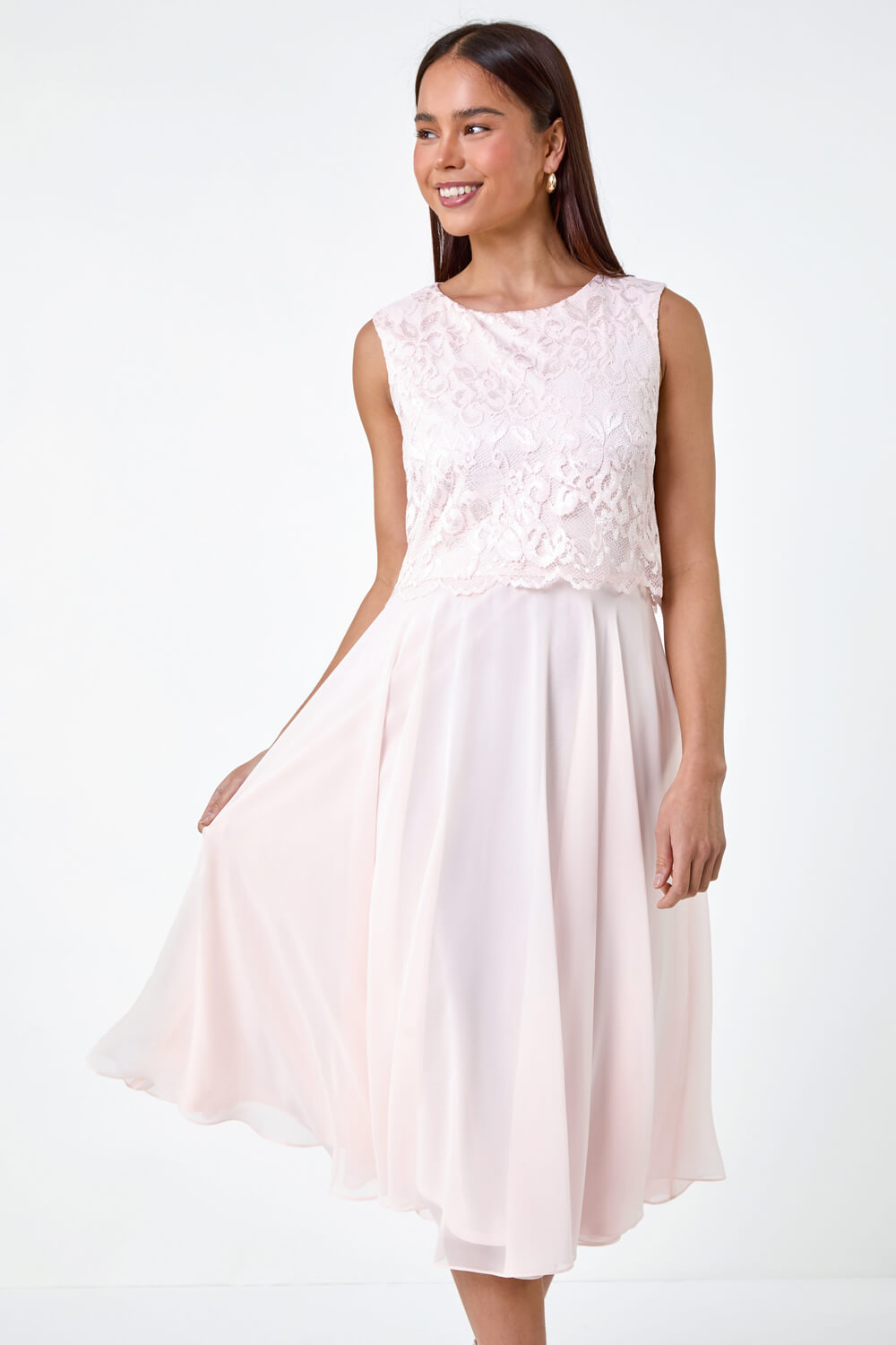 Light Pink Petite Chiffon Overlay Lace Midi Dress, Image 2 of 6