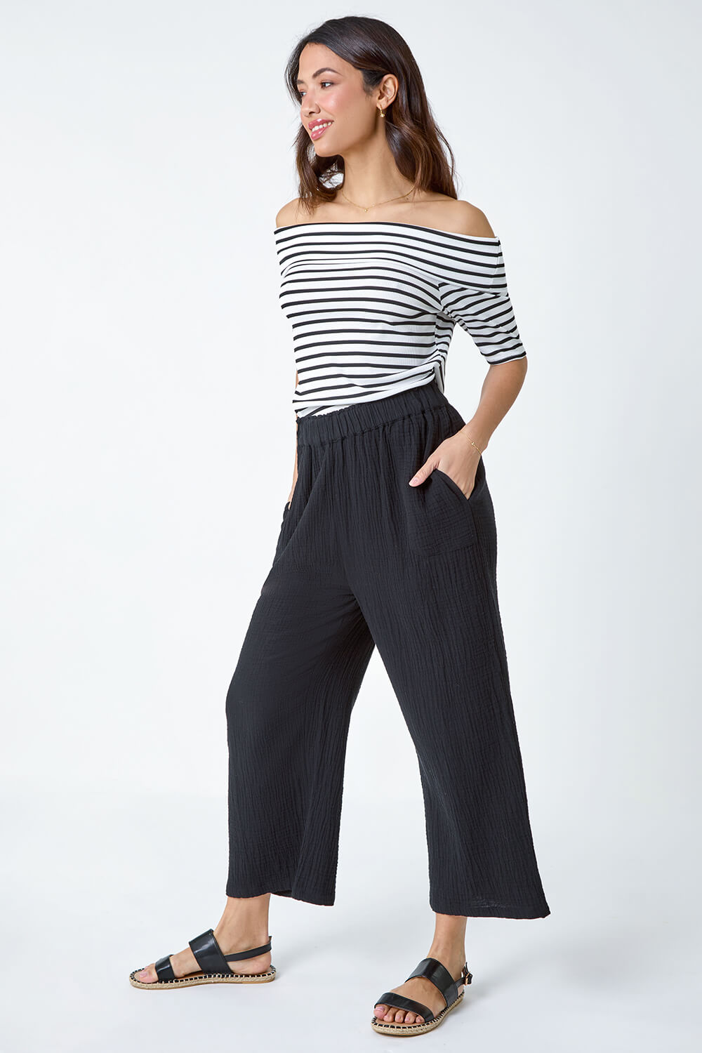 Black Textured Cotton Culotte Trousers, Image 2 of 5
