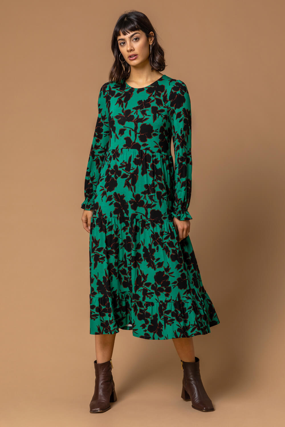 Green Floral Print Tiered Maxi Dress, Image 4 of 5