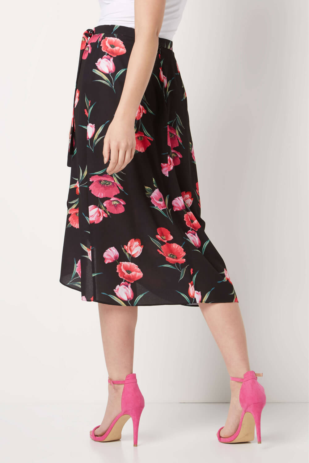 Black Floral Print Wrap Skirt, Image 3 of 5
