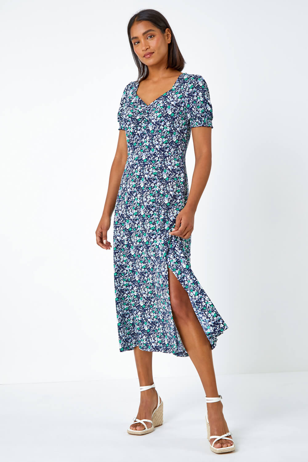 Green Ditsy Floral Ruched Stretch Midi Dress | Roman UK