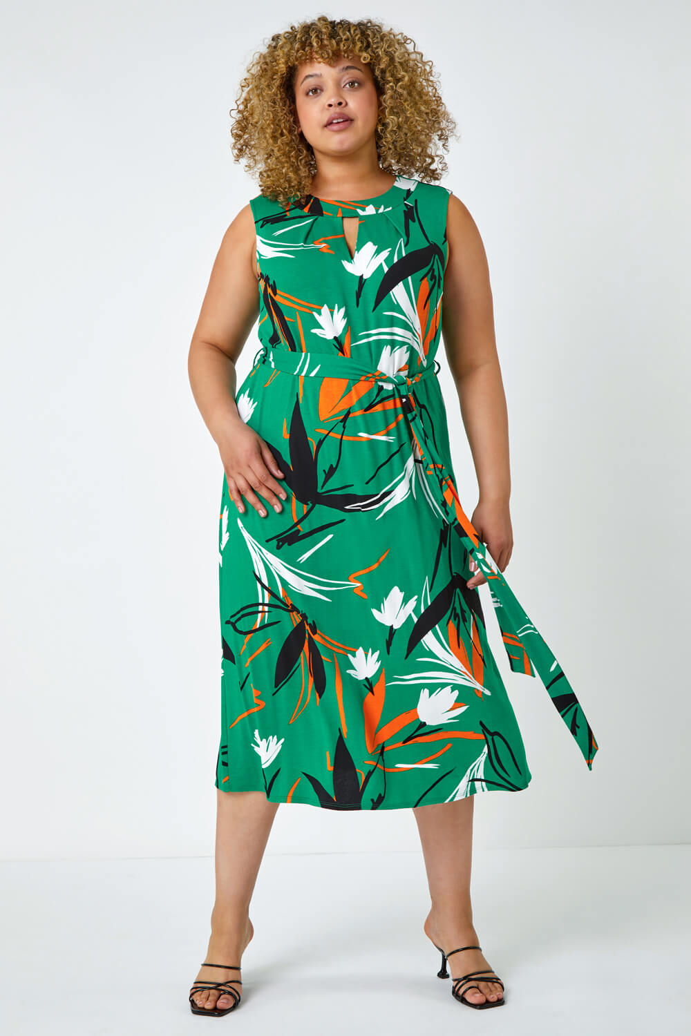 Green Curve Leaf Print Tie Detail Dress, Image 2 of 5