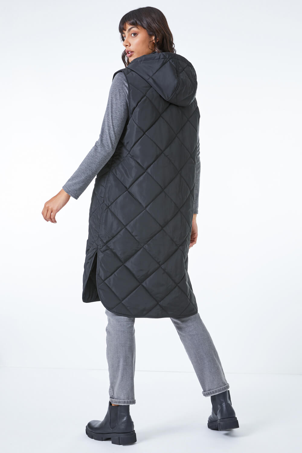 Black Quilted Longline Hooded Gilet , Image 2 of 6