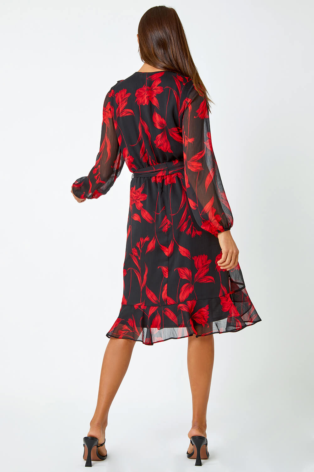 Red Floral Chiffon Frill Wrap Dress, Image 3 of 5
