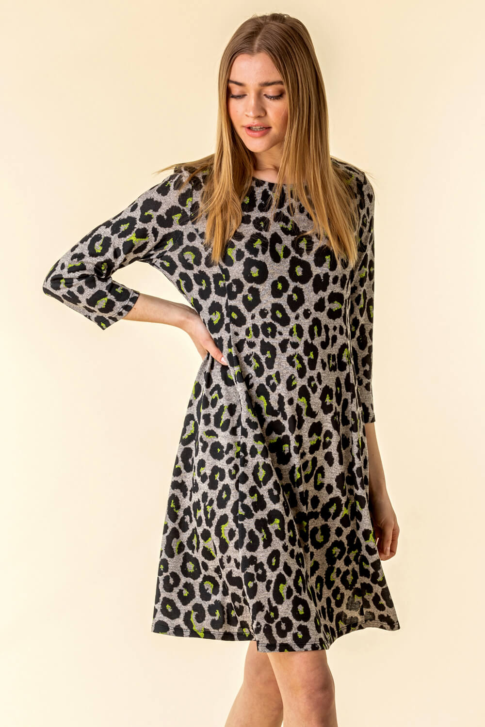 Brown Contrast Animal Print Dress, Image 2 of 4