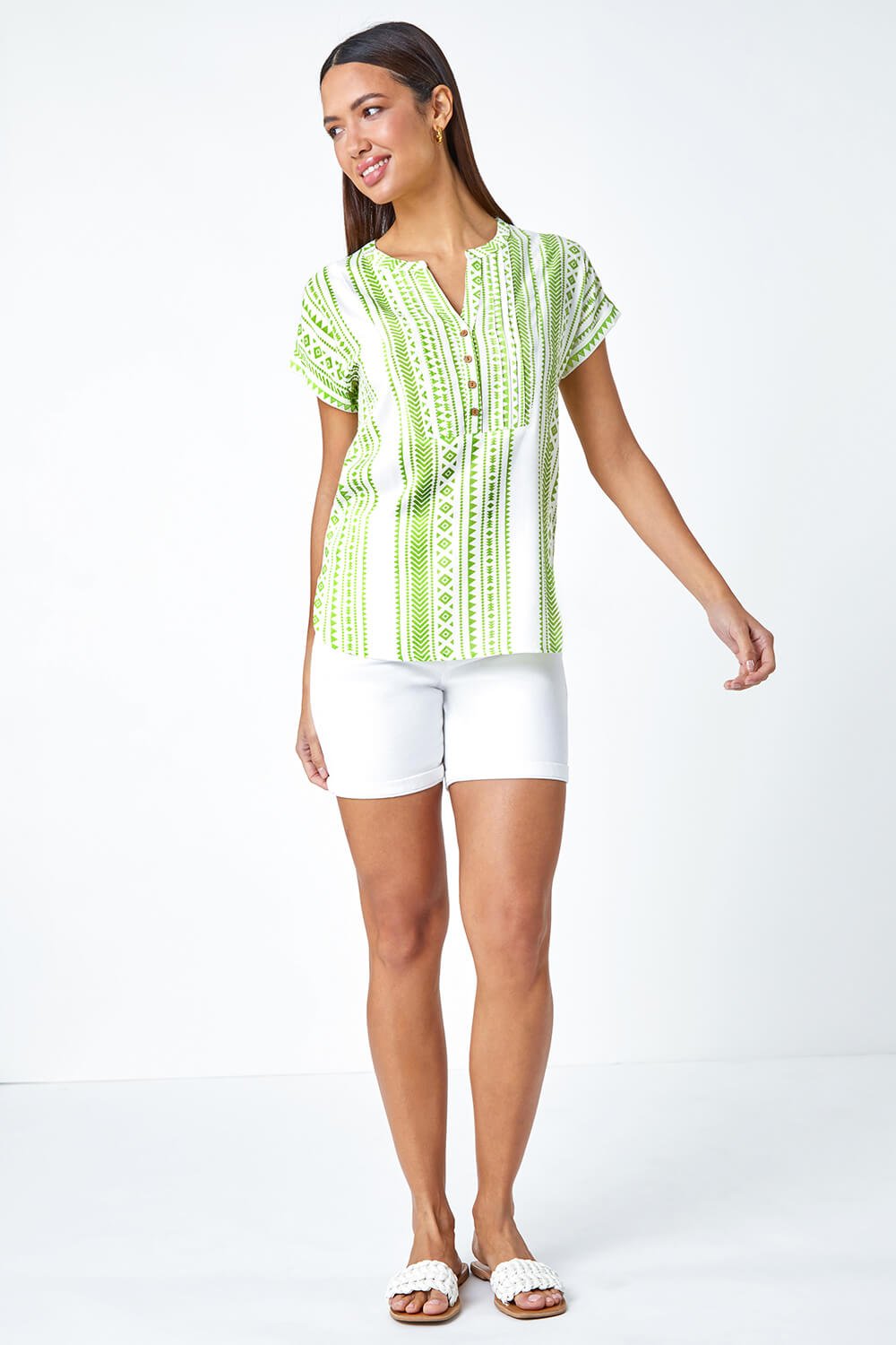Lime Aztec Print Button Detail Top, Image 2 of 5