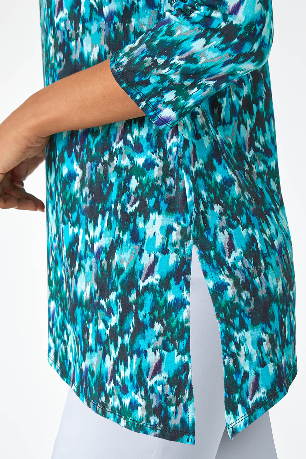 Turquoise Abstract Print Asymmetric Stretch Top, Image 5 of 5