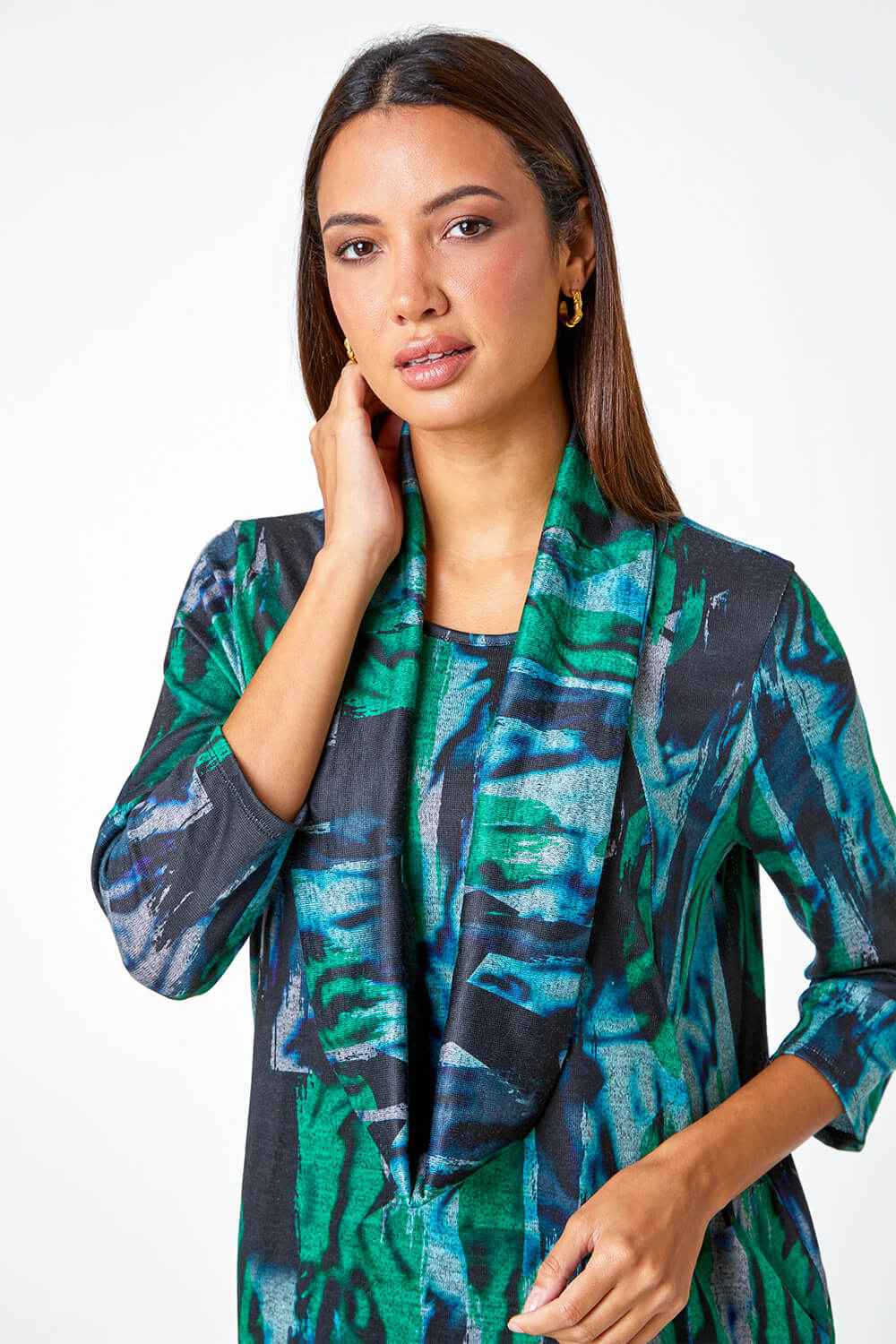 Green Marble Print Stretch Top with Snood | Roman UK