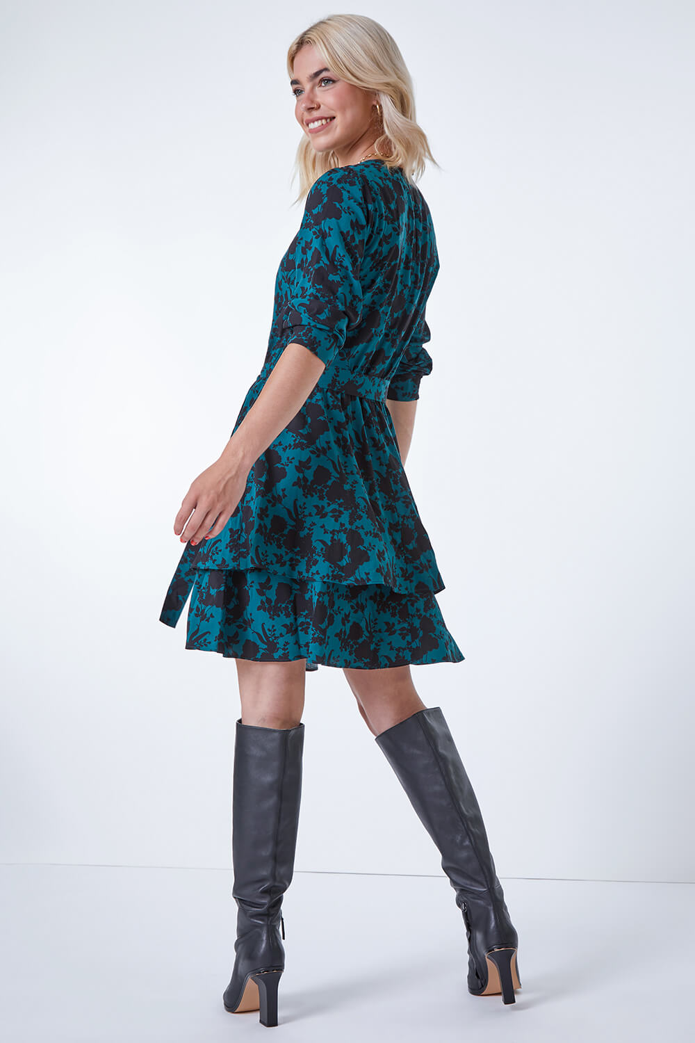 Dark Green Contrast Floral Tiered Dress, Image 3 of 5