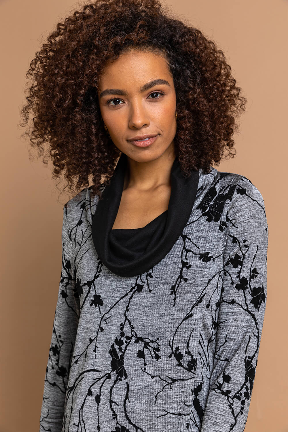 Grey Floral Print Cowl Neck Long Sleeve Tunic Top , Image 4 of 4