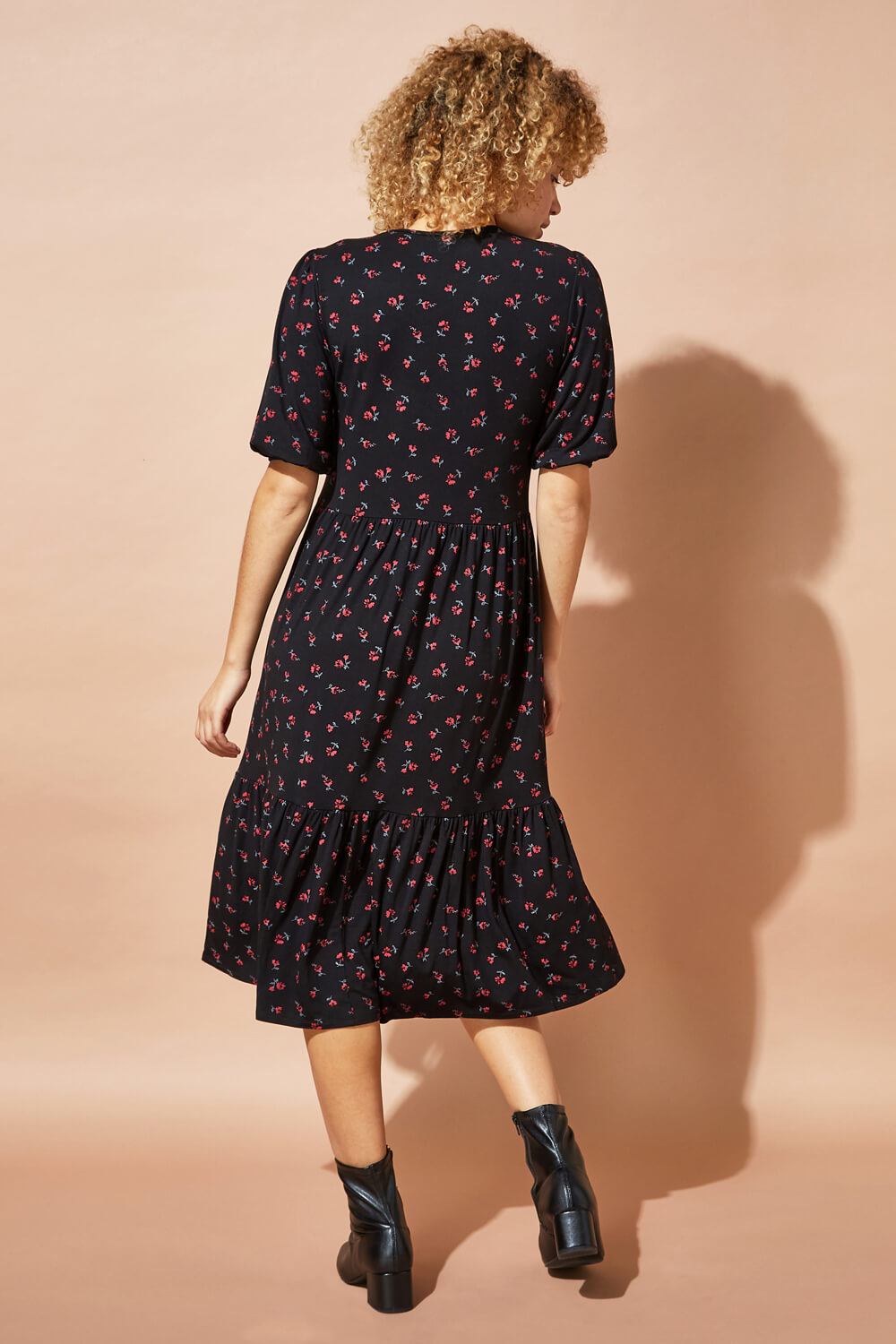 Black Ditsy Floral Tiered Midi Dress, Image 2 of 4