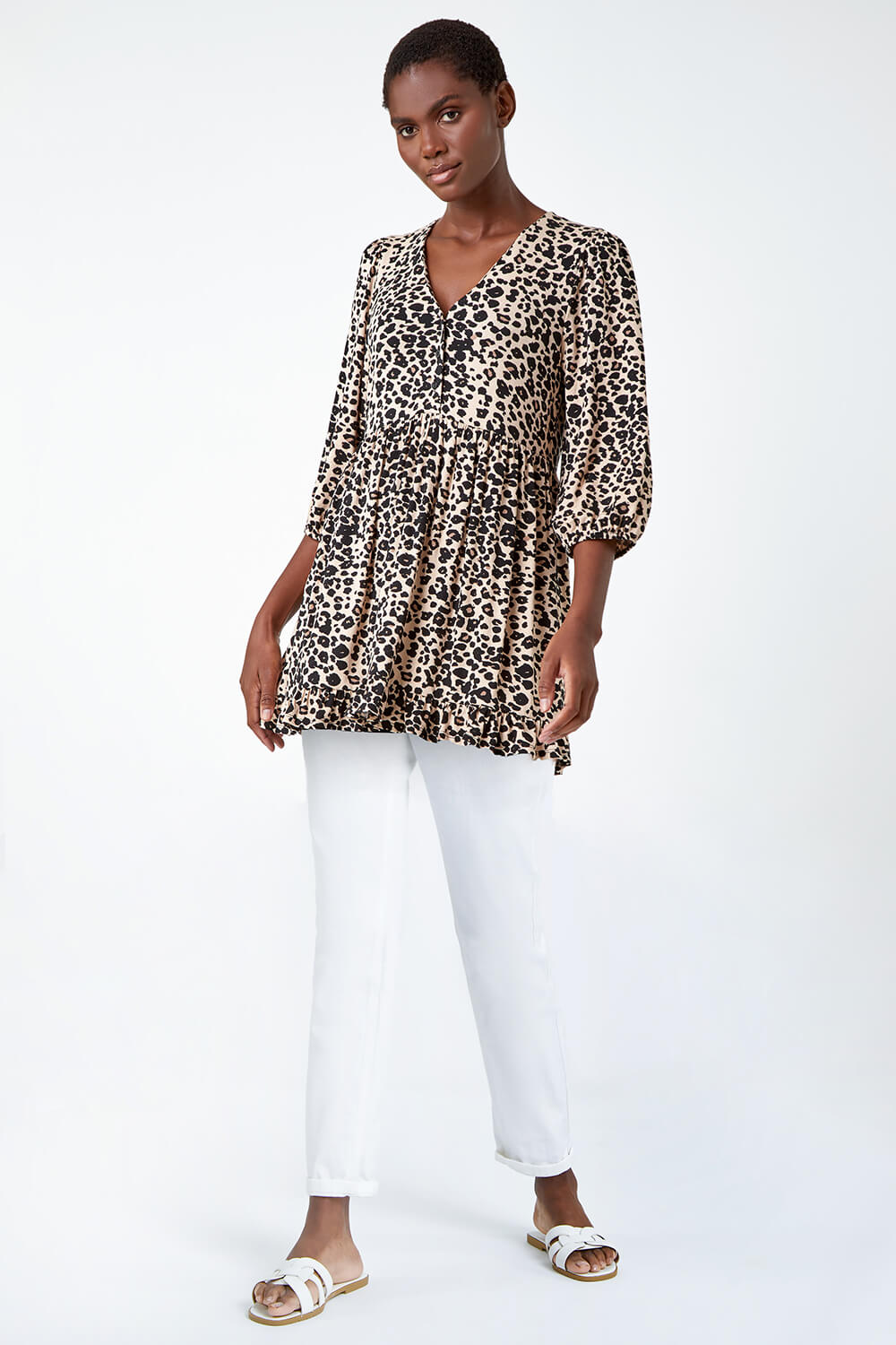 Neutral Animal Print Stretch Tunic Top, Image 2 of 5