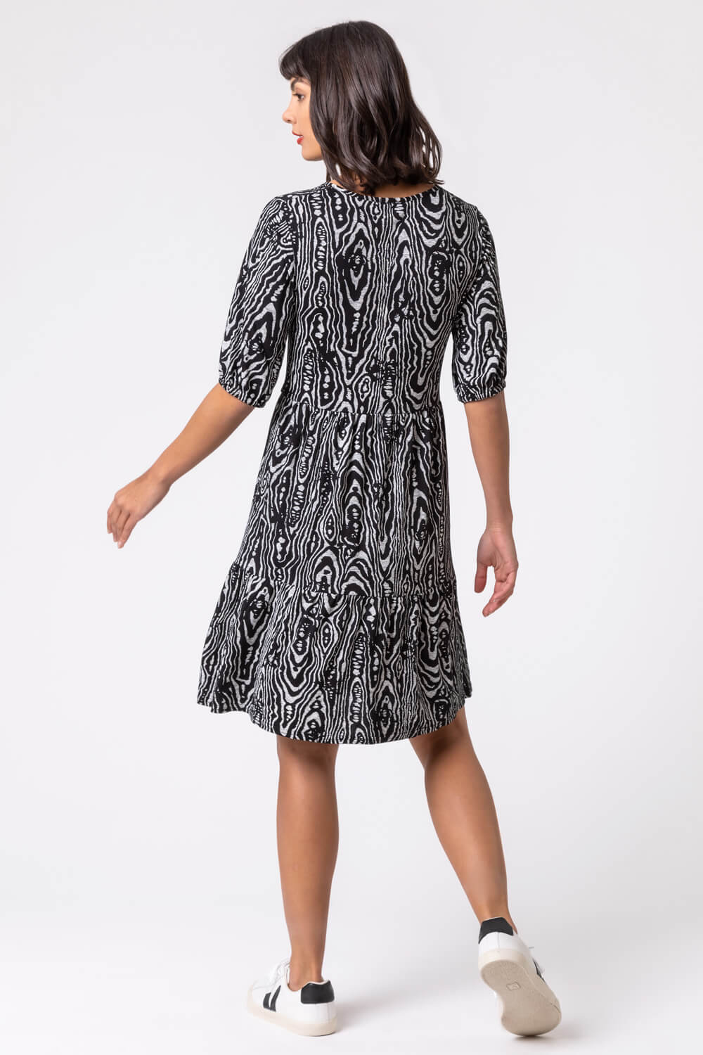 Black Animal Print Tiered Ruched Detail Dress, Image 2 of 5