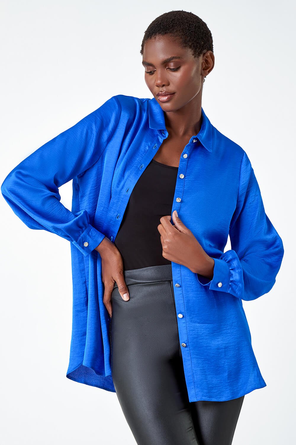 Royal Blue Satin Button Blouse | Roman UK