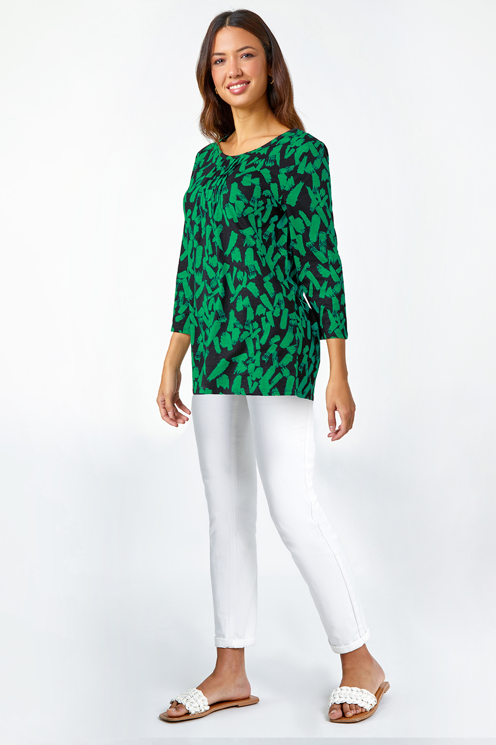 Green Cotton Abstract Print Pleated Top, Image 2 of 5