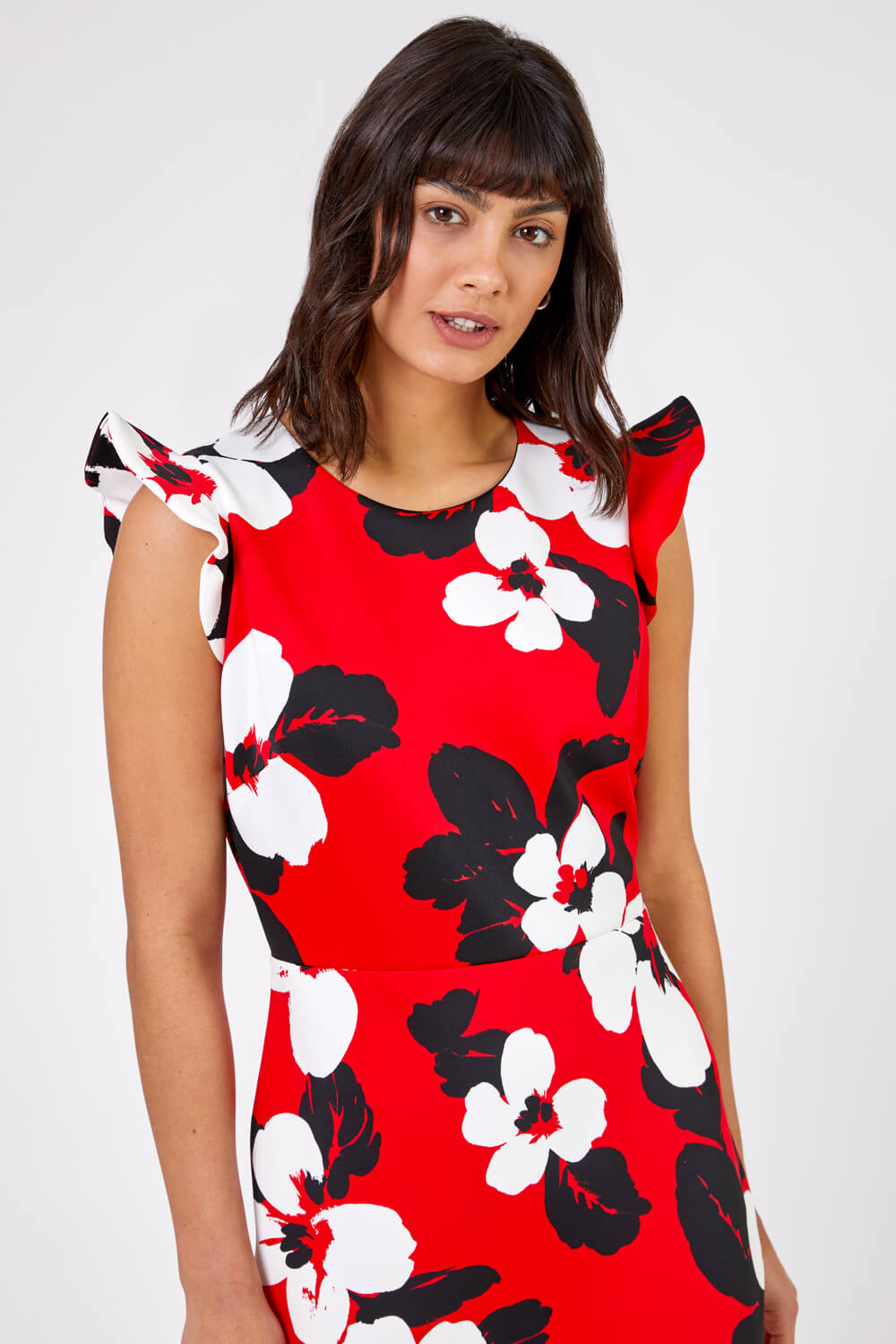 Red Floral Frill Sleeve Midi Dress, Image 4 of 4