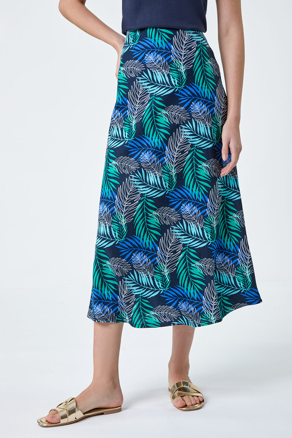 Blue Leaf Print Linen Blend A-Line Skirt, Image 4 of 5