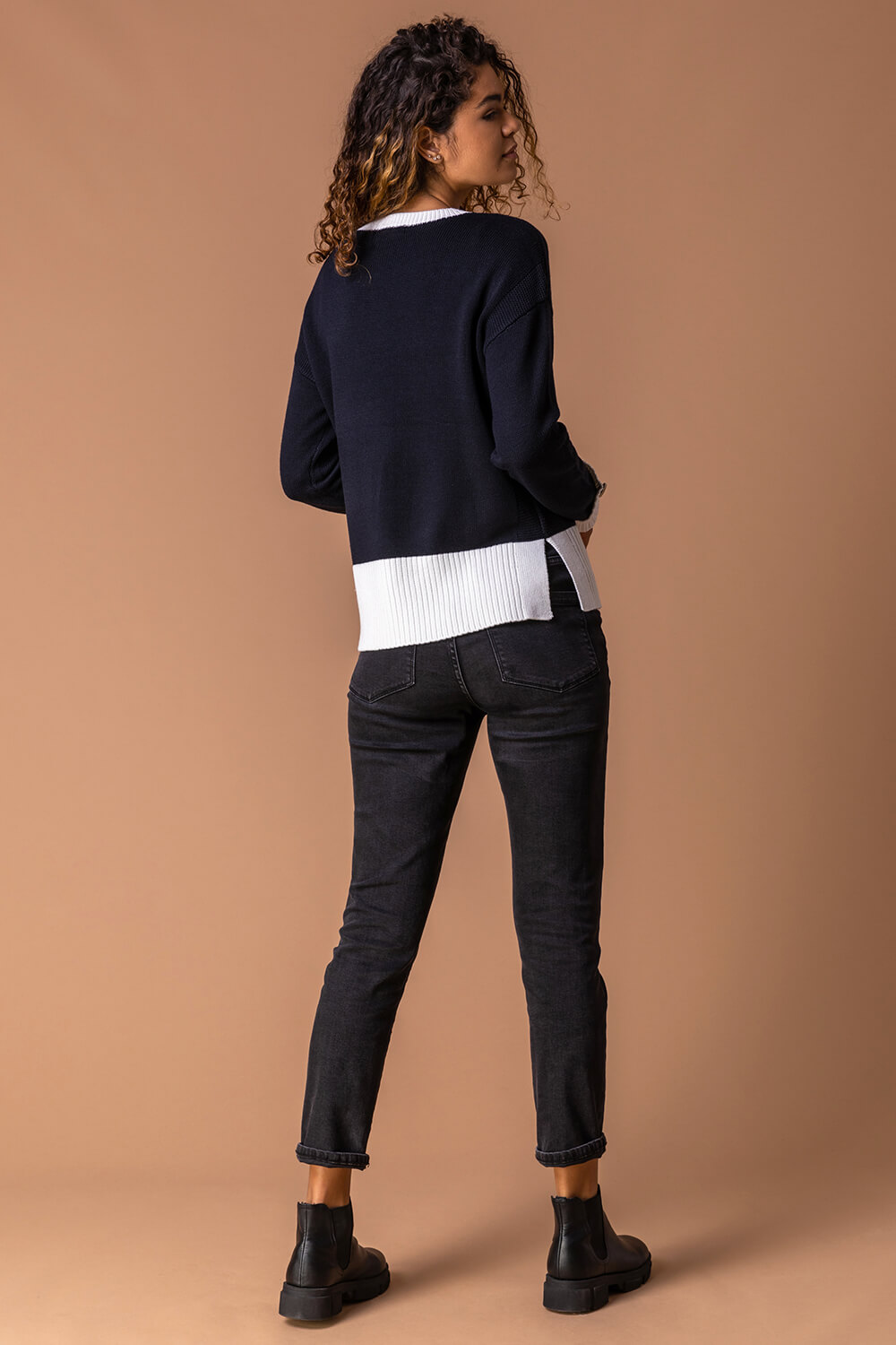 Midnight Blue Contrast Colour Block Jumper, Image 3 of 4