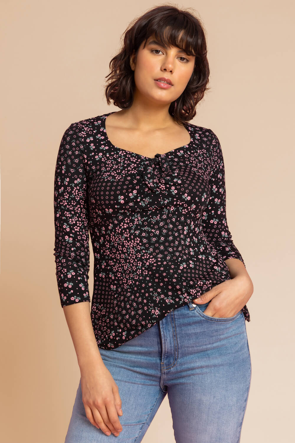 Black Ditsy Floral Print Ruched Top, Image 5 of 5