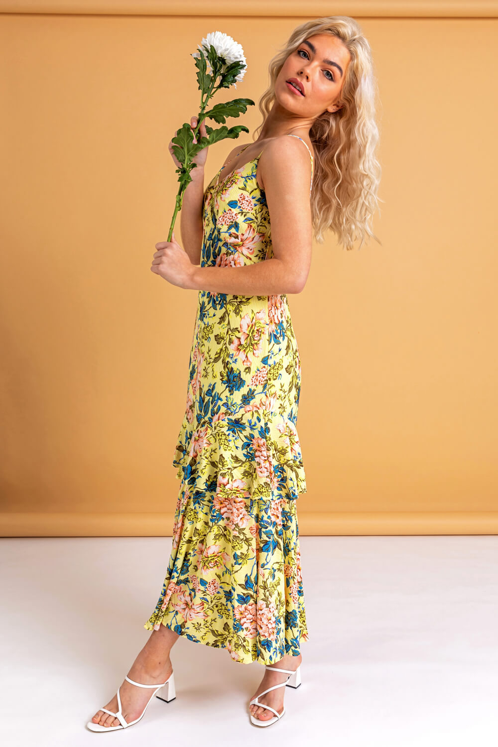 Yellow Fluted Hem Floral Print Dress, Image 4 of 4