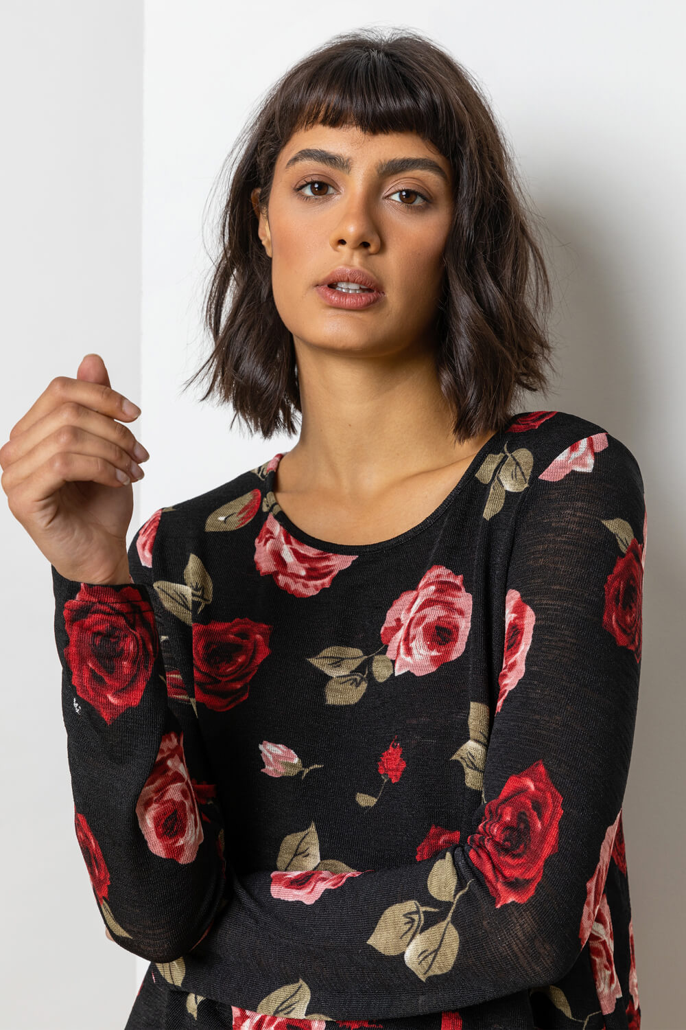 PINK Floral Rose Print Layered Asymmetric Top , Image 4 of 5