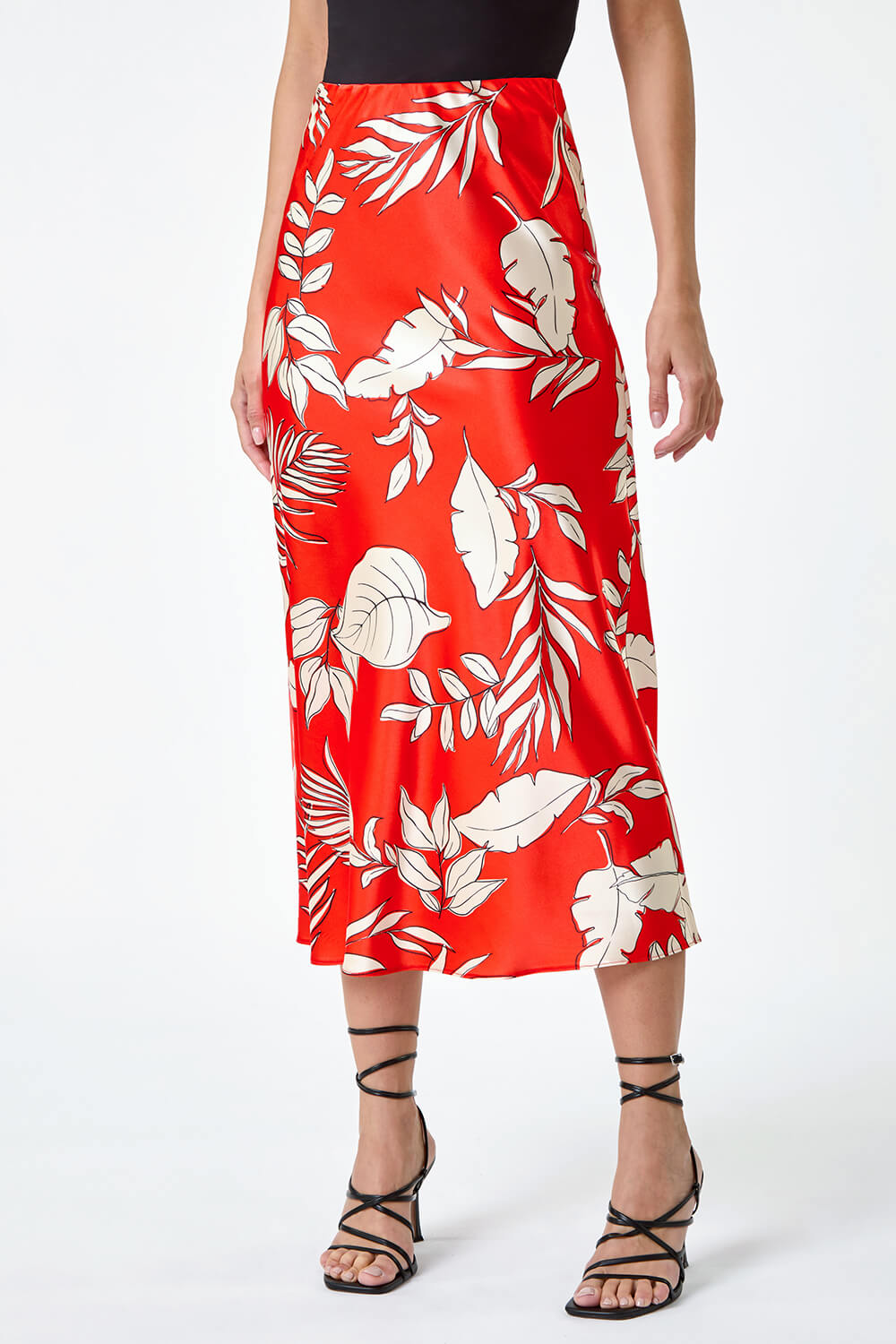 ORANGE Floral Print Satin Midi Skirt, Image 4 of 5