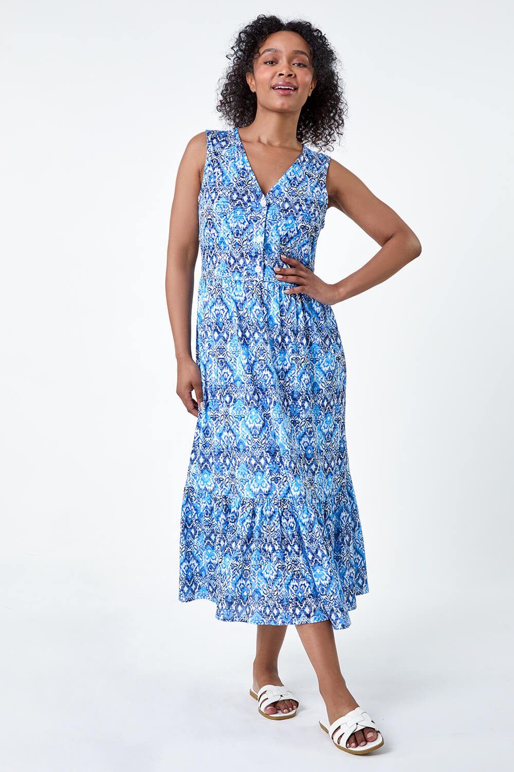 Blue Petite Aztec Print Tiered Midi Dress, Image 2 of 5