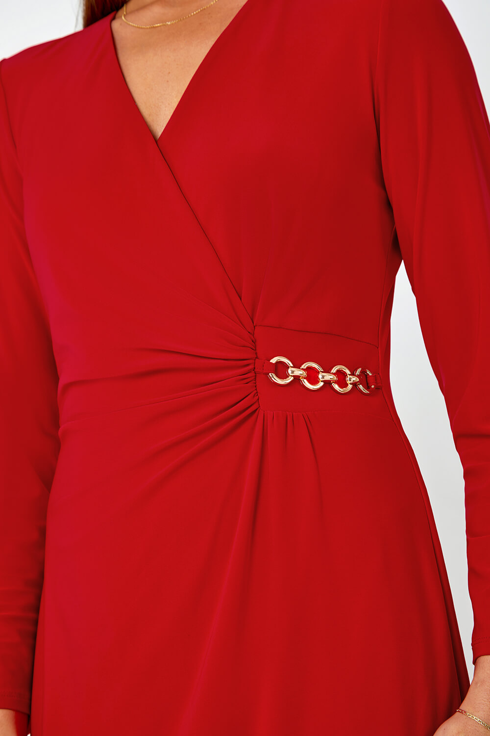 Red Chain Detail Wrap Midi Stretch Dress, Image 5 of 7