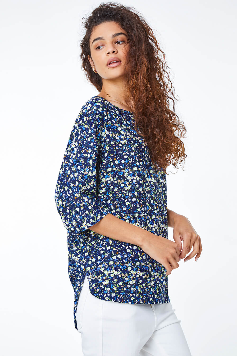 Navy  Ditsy Floral Print Tunic Top, Image 4 of 5