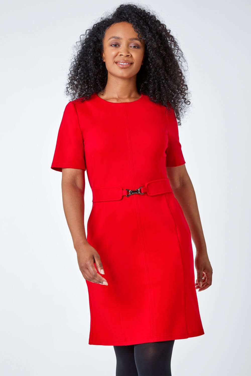 Red Petite Belted Shift Stretch Dress, Image 2 of 5