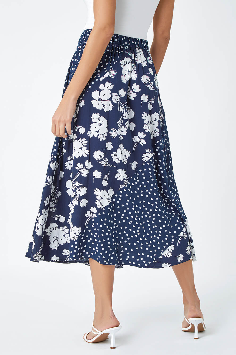 Blue Mixed Floral Spot Print Midi Skirt, Image 3 of 5