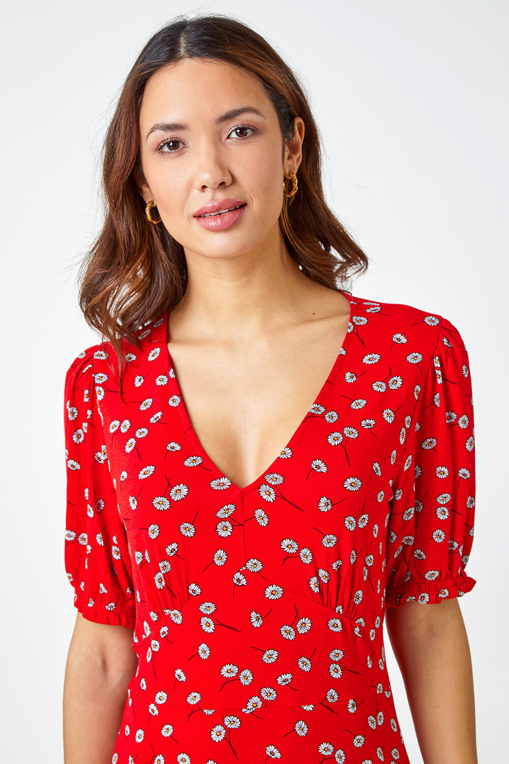 Red Floral Print Frill Tea Dress, Image 4 of 5