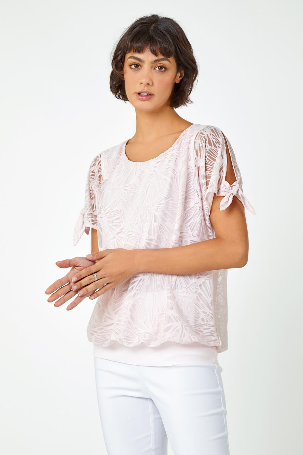 Light Pink Textured Butterfly Print Blouson Top, Image 2 of 5