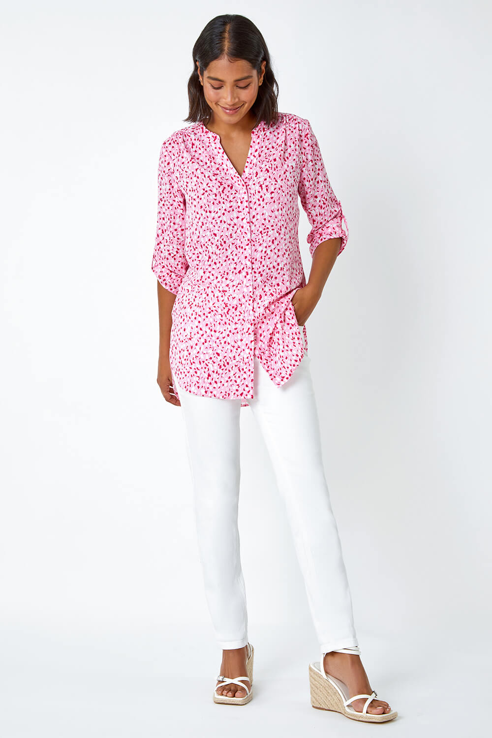 PINK Ditsy Print Button Up Blouse, Image 2 of 5