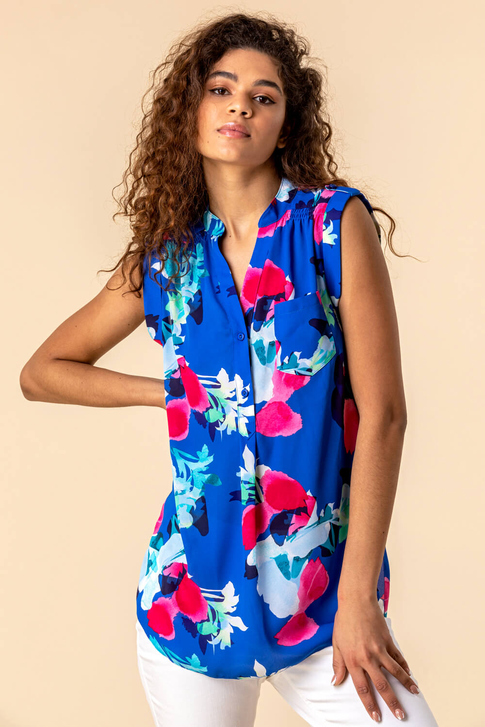 Royal Blue Floral Print Tunic Top, Image 1 of 5