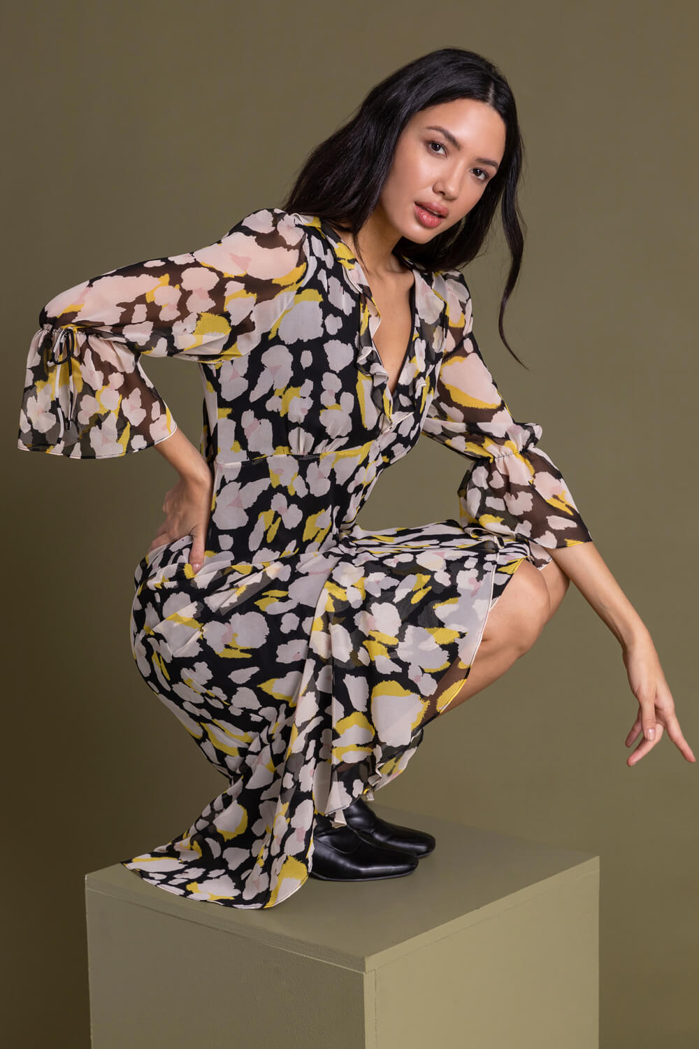 Yellow Floral Frill Detail Midi Dress, Image 5 of 5