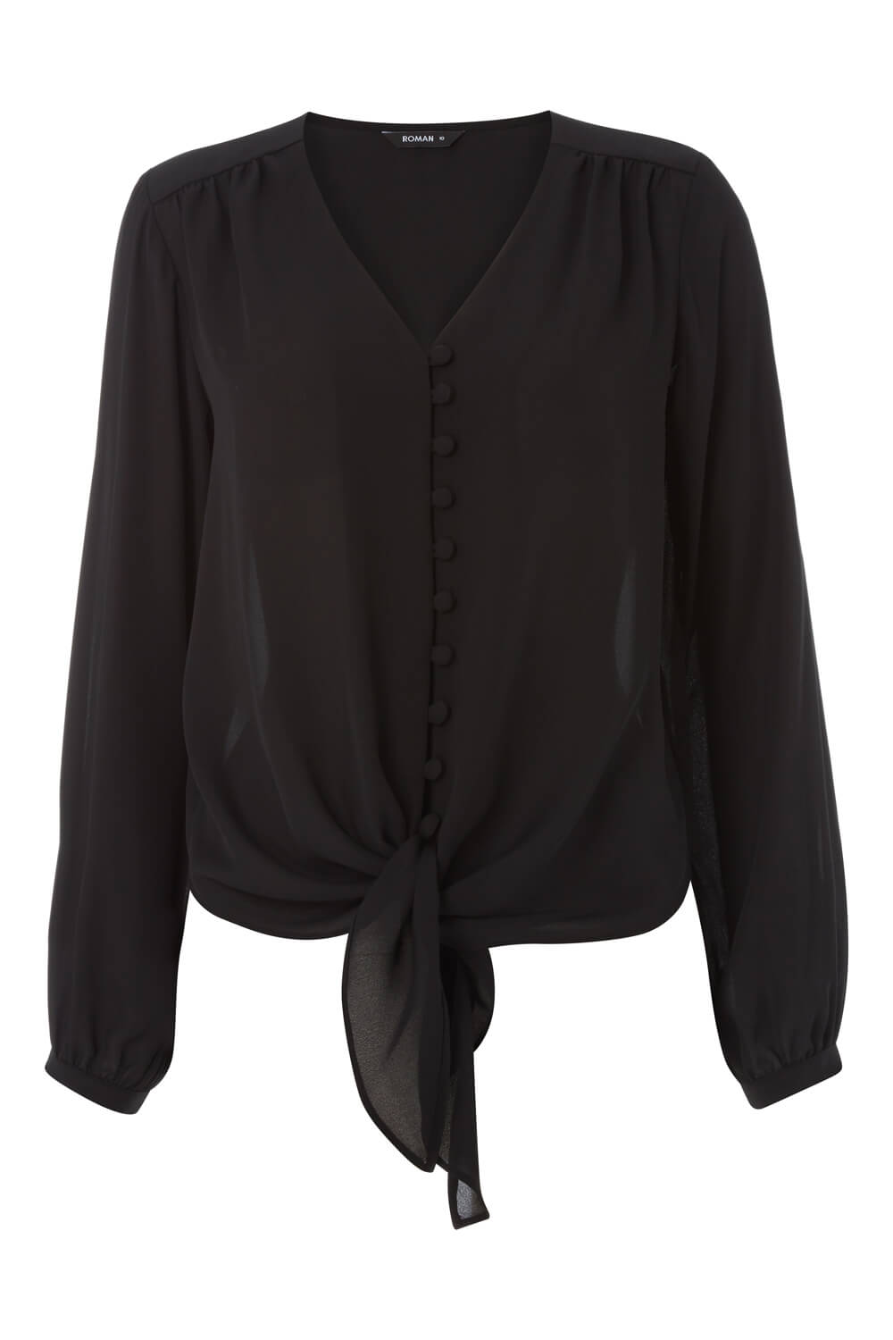 Button Tie Front Blouse in Black - Roman Originals UK