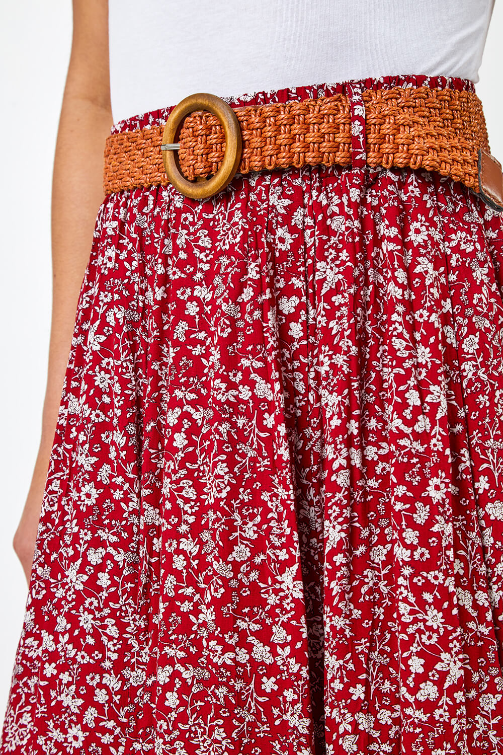 Red Ditsy Floral Belted Midi Skirt, Image 5 of 5