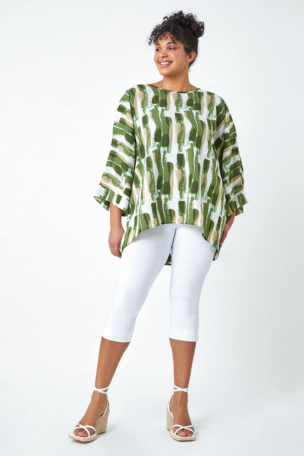 Green Curve Dipped Hem Abstract Print Top, Image 2 of 5