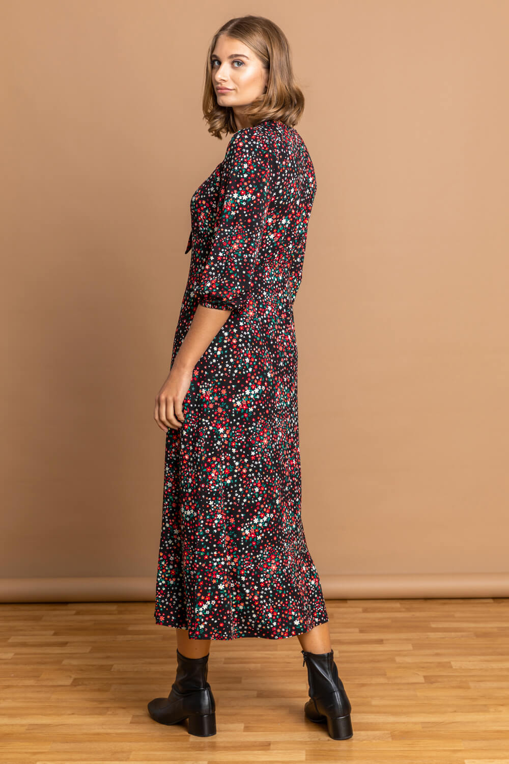 Black Ditsy Floral Tie Front Midi Dress, Image 2 of 5