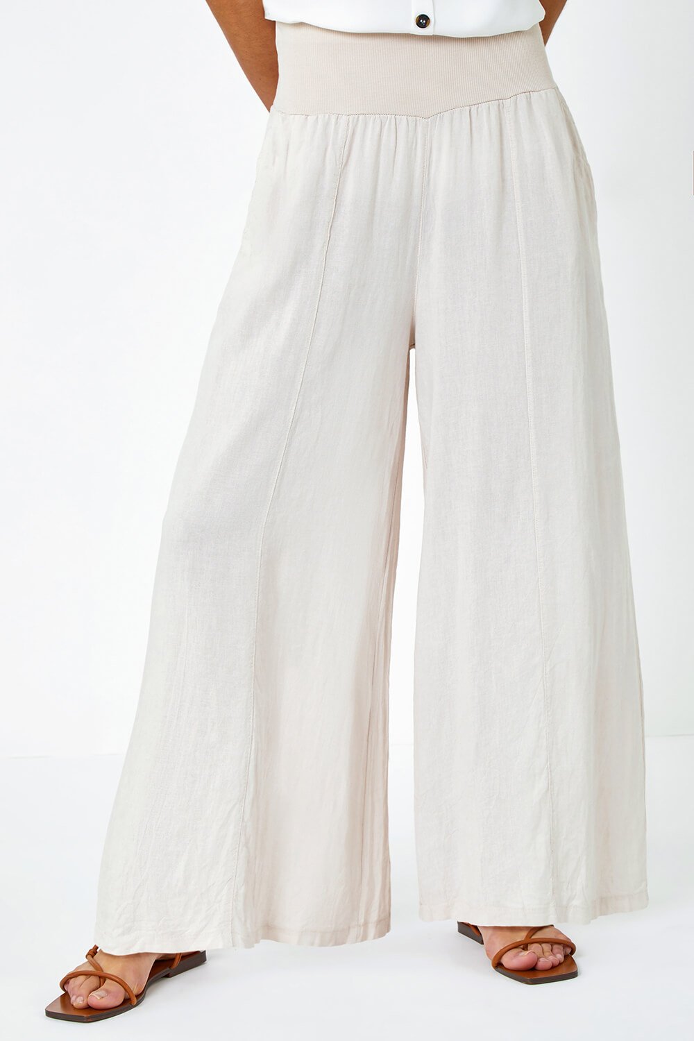 Natural Linen Blend Wide Leg Trousers | Roman UK