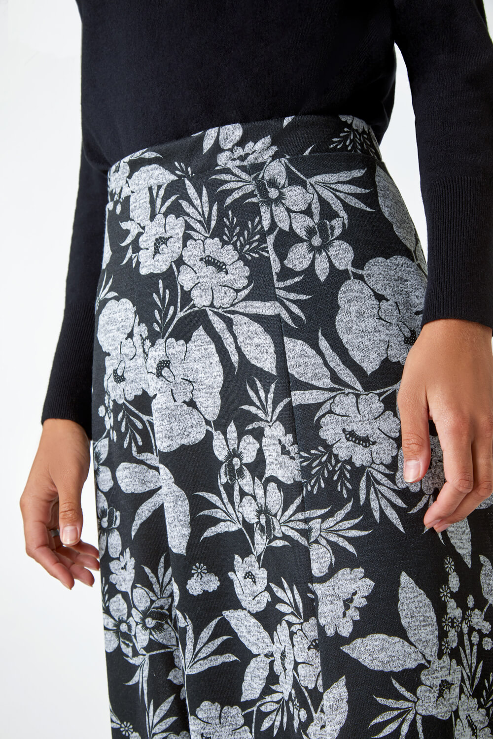 Grey Floral Print Midi Stretch Skirt, Image 5 of 5