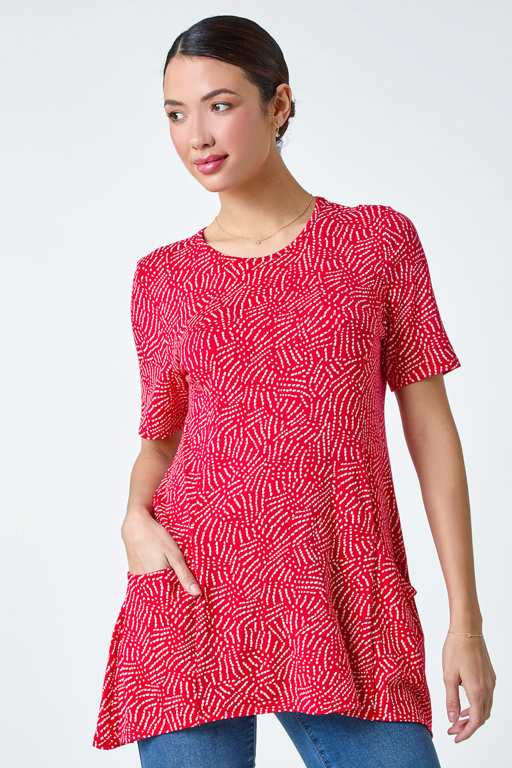 Red Abstract Print Pocket Tunic Top, Image 2 of 5