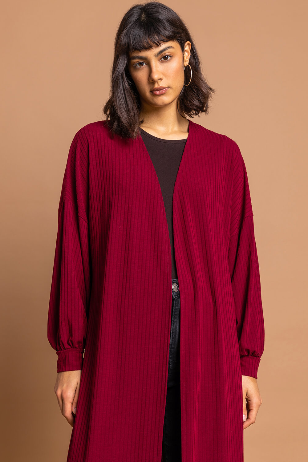 Red Longline Ribbed Texture Cardigan, Image 3 of 4