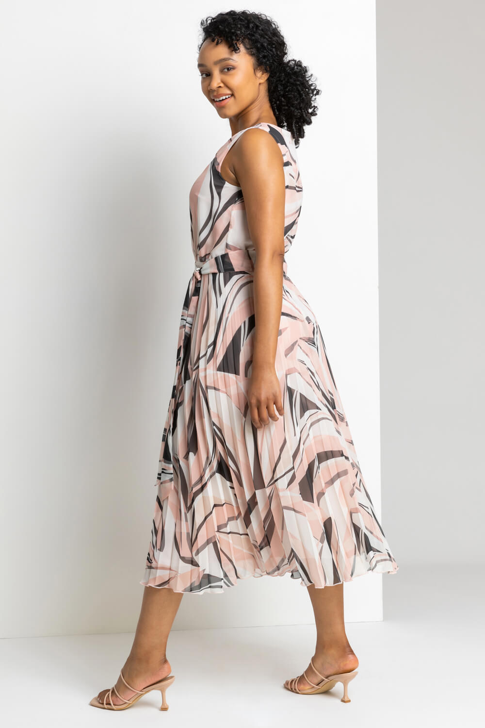 PINK Petite Abstract Print Pleated Midi Dress, Image 2 of 4