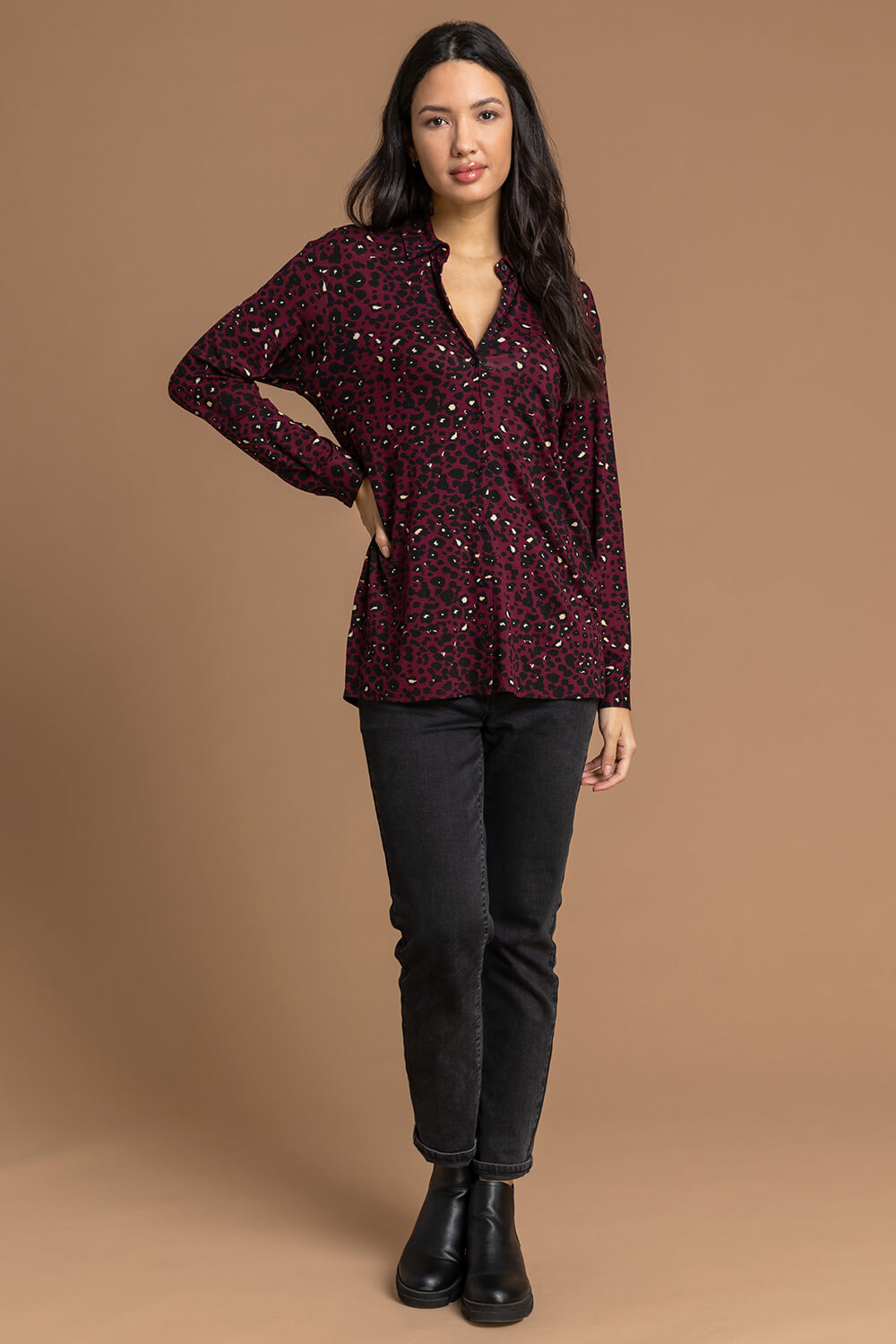 Wine Animal Print Jersey Buttoned Shirt, Image 3 of 5