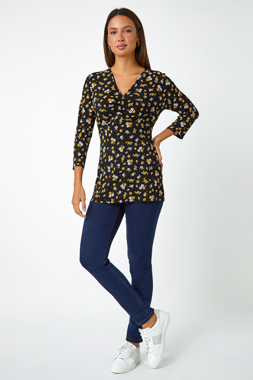 Ochre Floral Print Ruched Stretch Top , Image 2 of 5