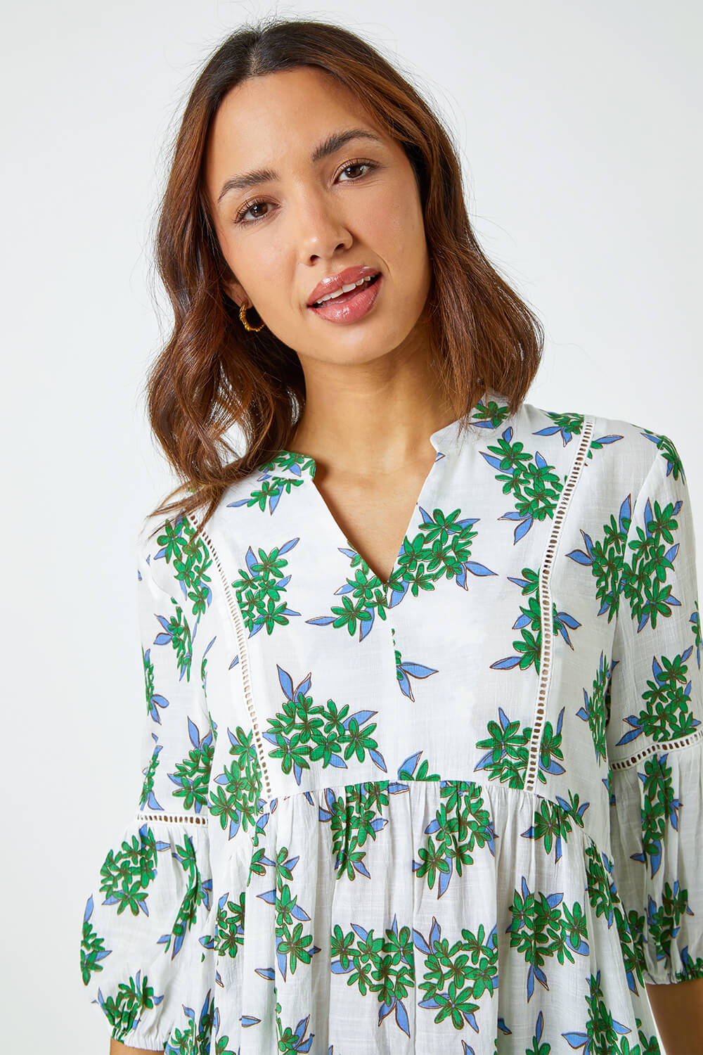 Green Floral Print Smock Tunic Top, Image 2 of 5
