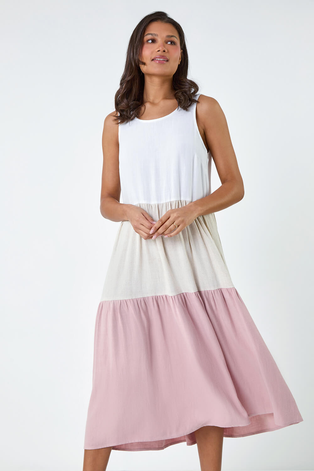 Light Pink Tiered Linen Blend Colour Block Dress, Image 4 of 5