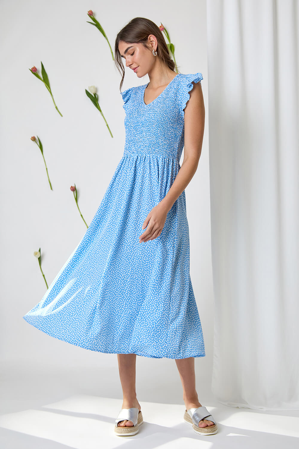 Light Blue  Ditsy Print Shirred Midi Dress, Image 6 of 7